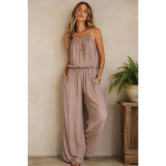 mittoshop Pants - Mittoshop Sleeveless Wide Leg Halter Jumpsuit Taupe Blush Made in USA Large